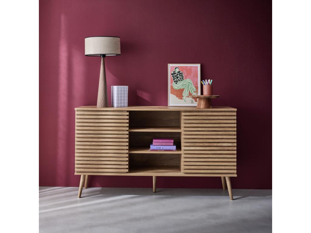 Homelumiere wood-effect sideboard with 2 grooved sliding doors and 4 shelves - low sideboard - W 140