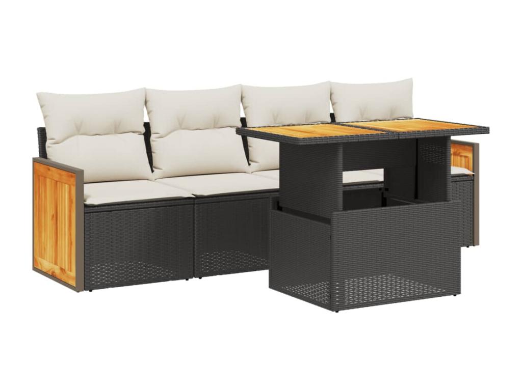 5-piece garden furniture set with cushions, black woven resin