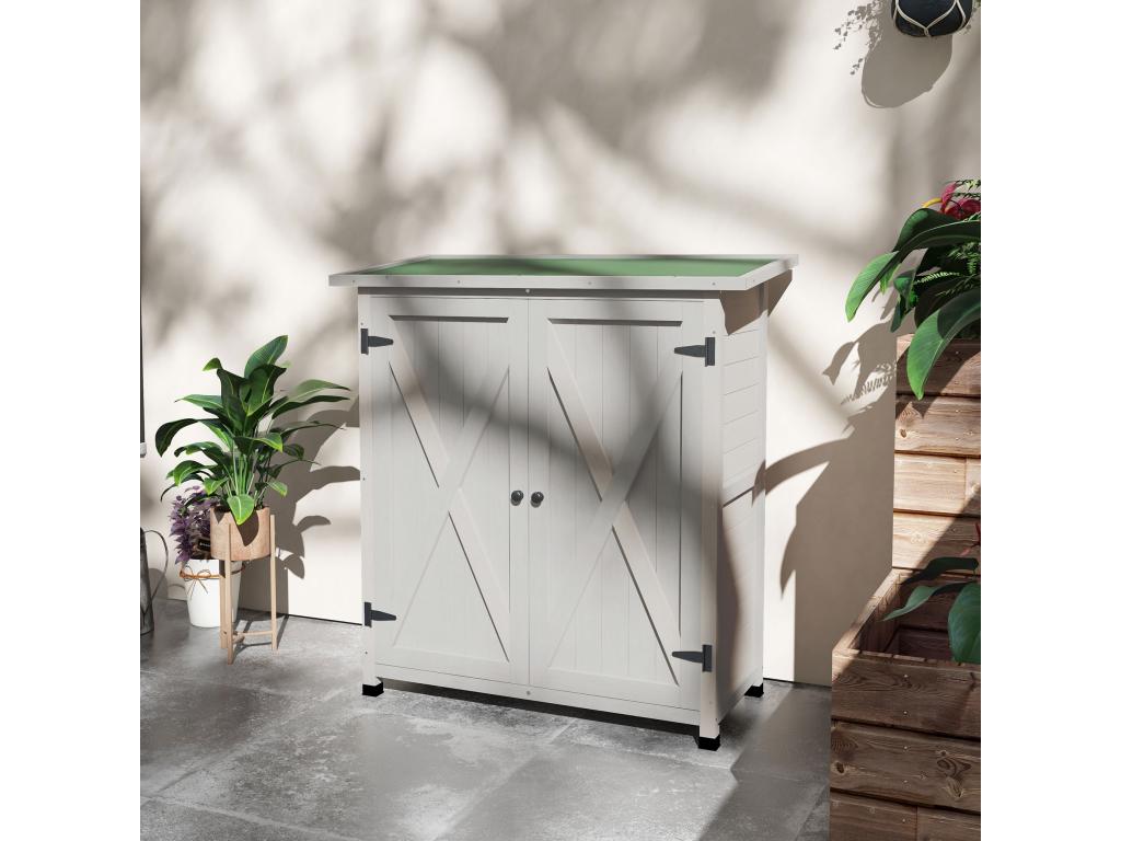 Garden shed/cabinet on legs, dimensions: 110L x 55W x 117H cm, 2 shelves, 2 doors, bitumen roof, pre-oiled light grey fir wood