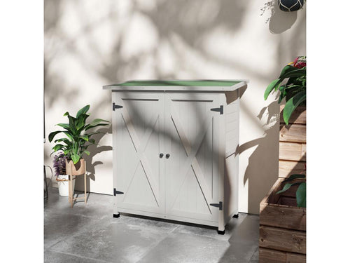 Garden shed/cabinet on legs, dimensions: 110L x 55W x 117H cm, 2 shelves, 2 doors, bitumen roof, pre-oiled light grey fir wood