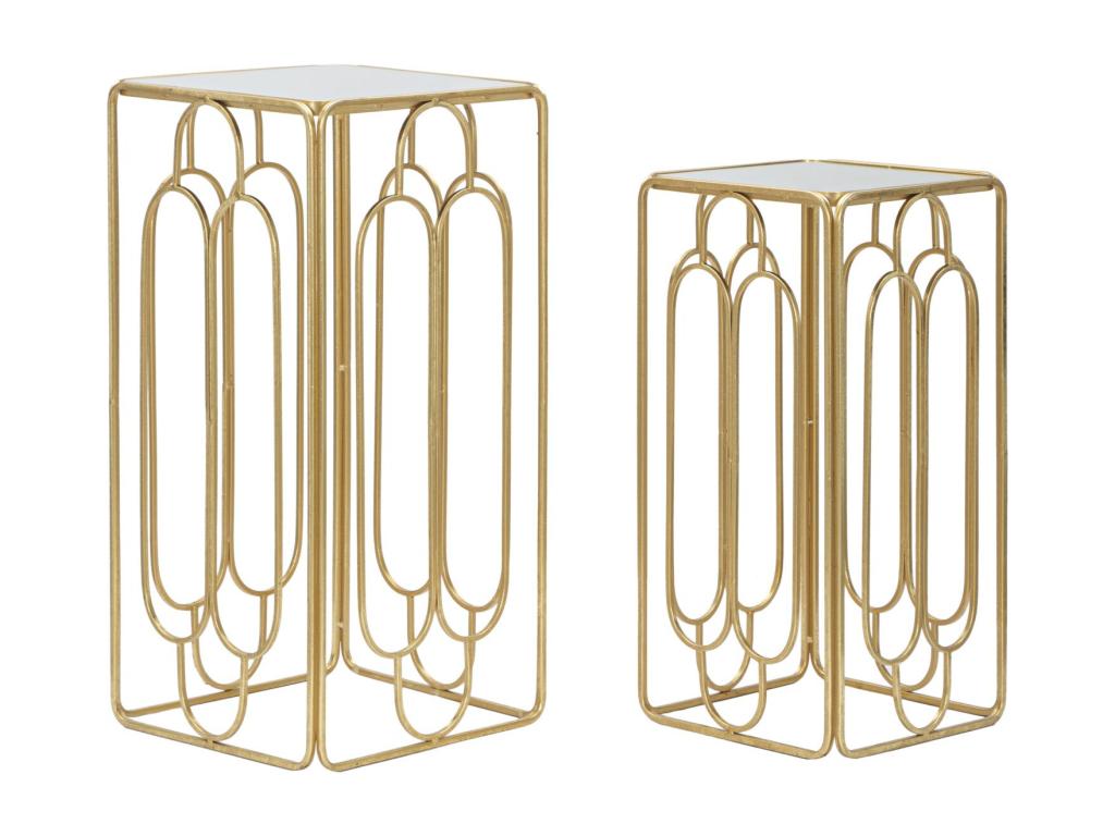 Set of 2 round gold metal tables, 34x34x70-29x29x60 cm