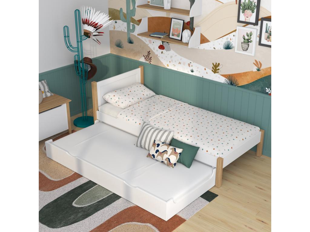 N02 White/Natural Oak Wooden Trundle Bed 100x180