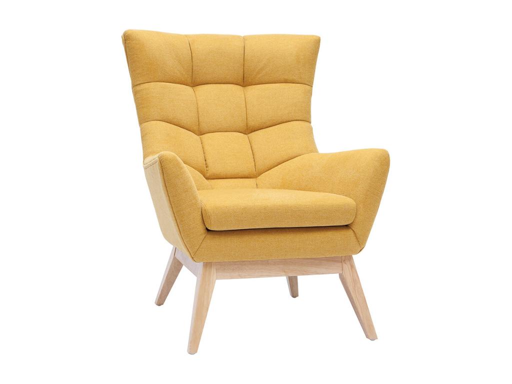 Homelumiere armchair in mustard yellow textured velvet-effect fabric and light wood.