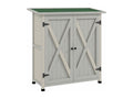 Garden shed/cabinet on legs, dimensions: 110L x 55W x 117H cm, 2 shelves, 2 doors, bitumen roof, pre-oiled light grey fir wood