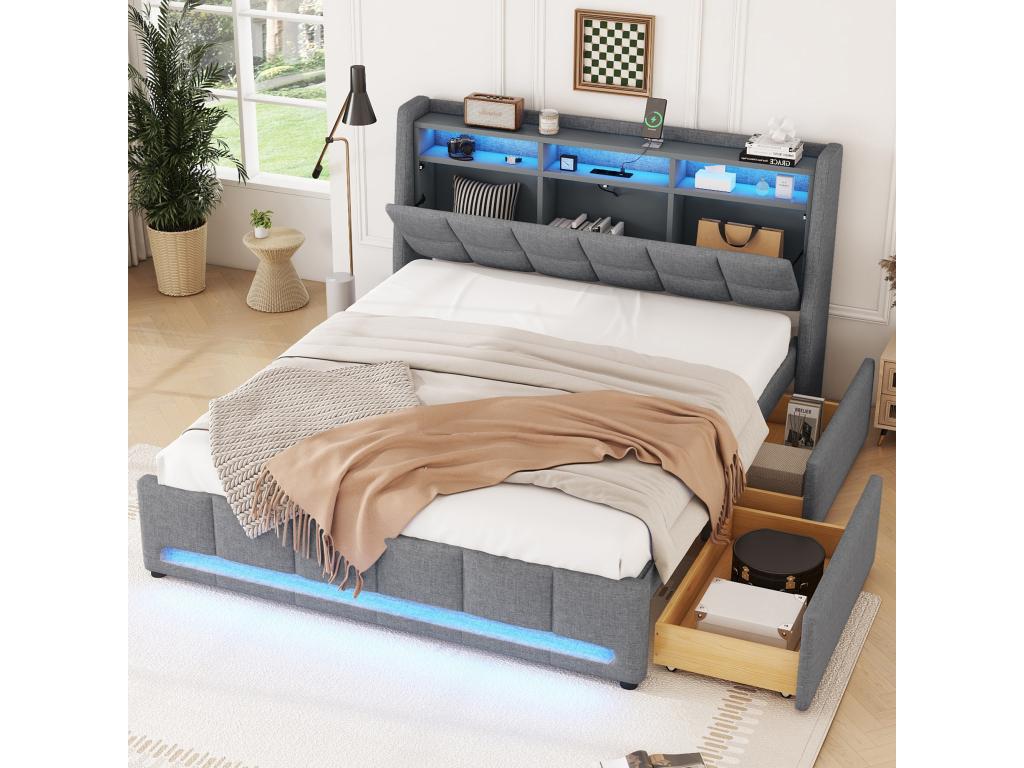 Upholstered bed 140x200 cm with headboard and 2 drawers - LEDs and USB ports - Linen fabric - Grey, without mattress 51110TINX