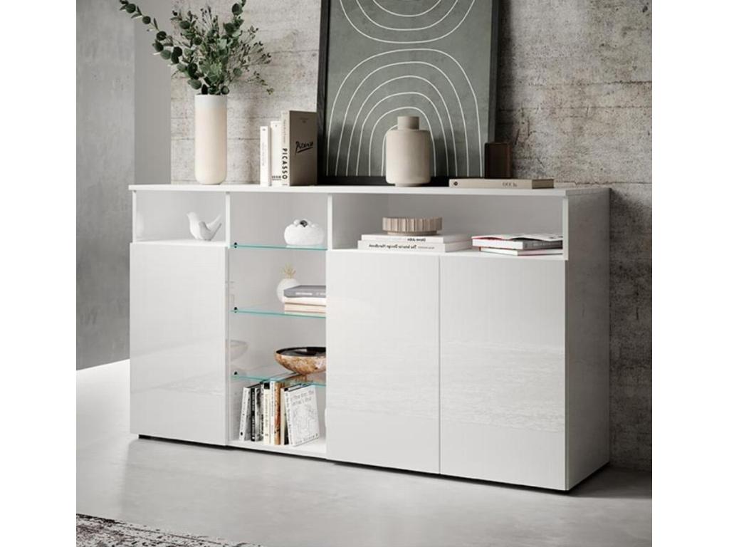 Low sideboard for living room/dining room in white with LED lighting, 150x40x82cm, Homelumiere A1