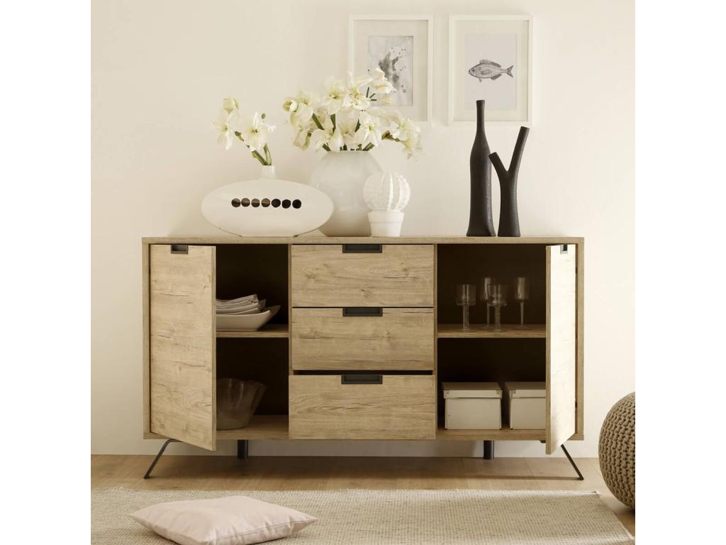 Homelumiere - 2-Door, 3-Drawer Buffet with Wood Look and Dark Grey Metal Legs