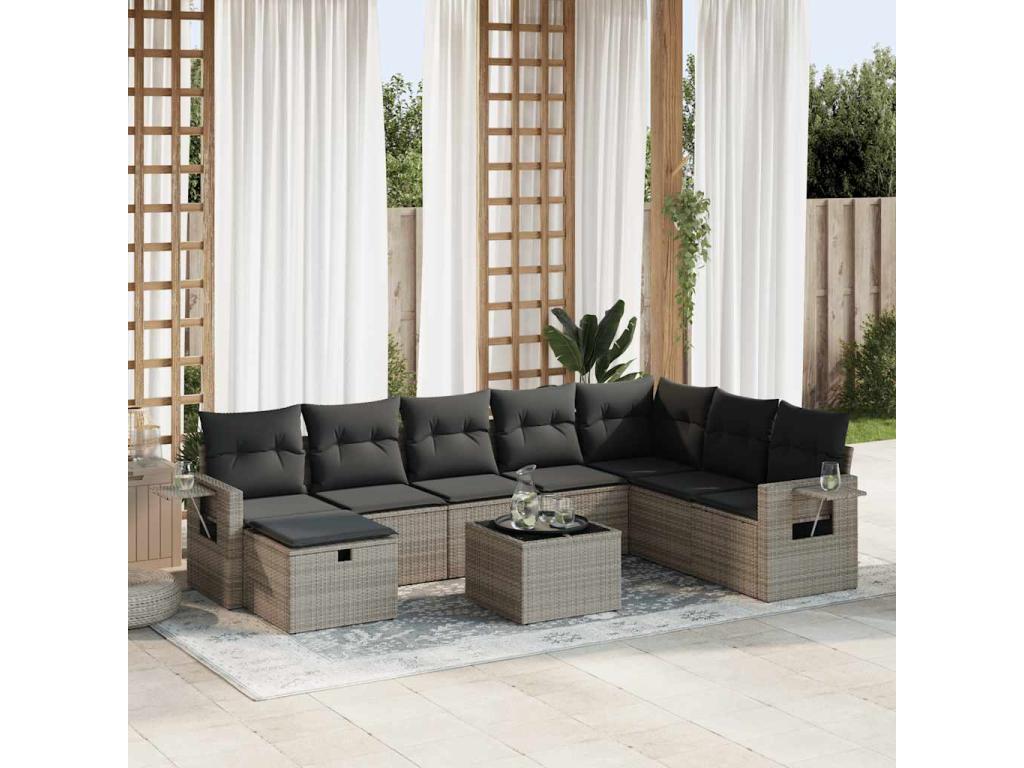 9-piece garden furniture set with grey resin wicker cushions