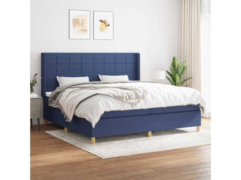 Upholstered bed base with mattress, blue, 200x200 cm, fabric