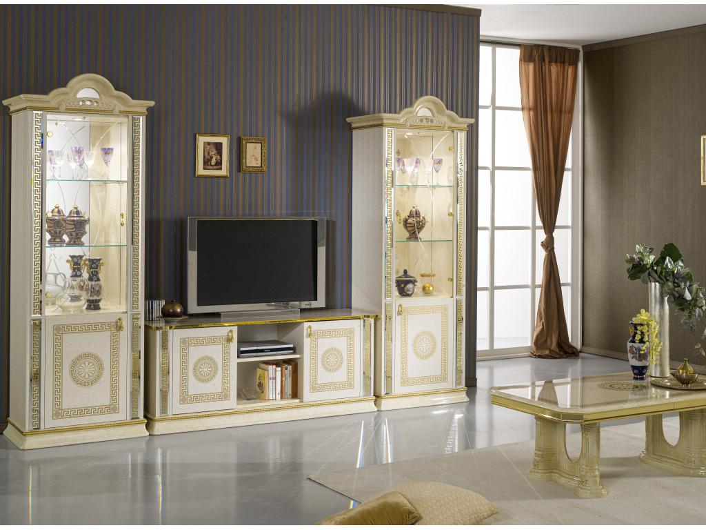 Homelumiere 78cm 2-door display cabinet in glossy beige and gold lacquered wood