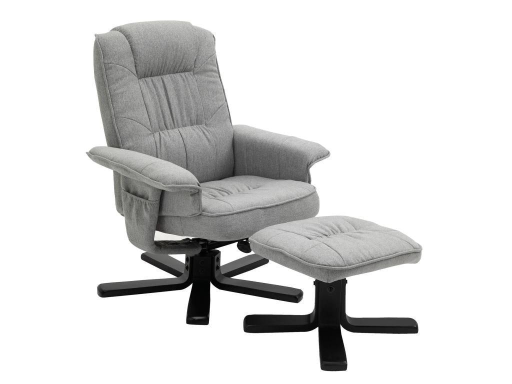 Homelumiere relaxation armchair with footrest, swivel seat, reclining backrest, and upholstered seat in grey fabric with black legs.