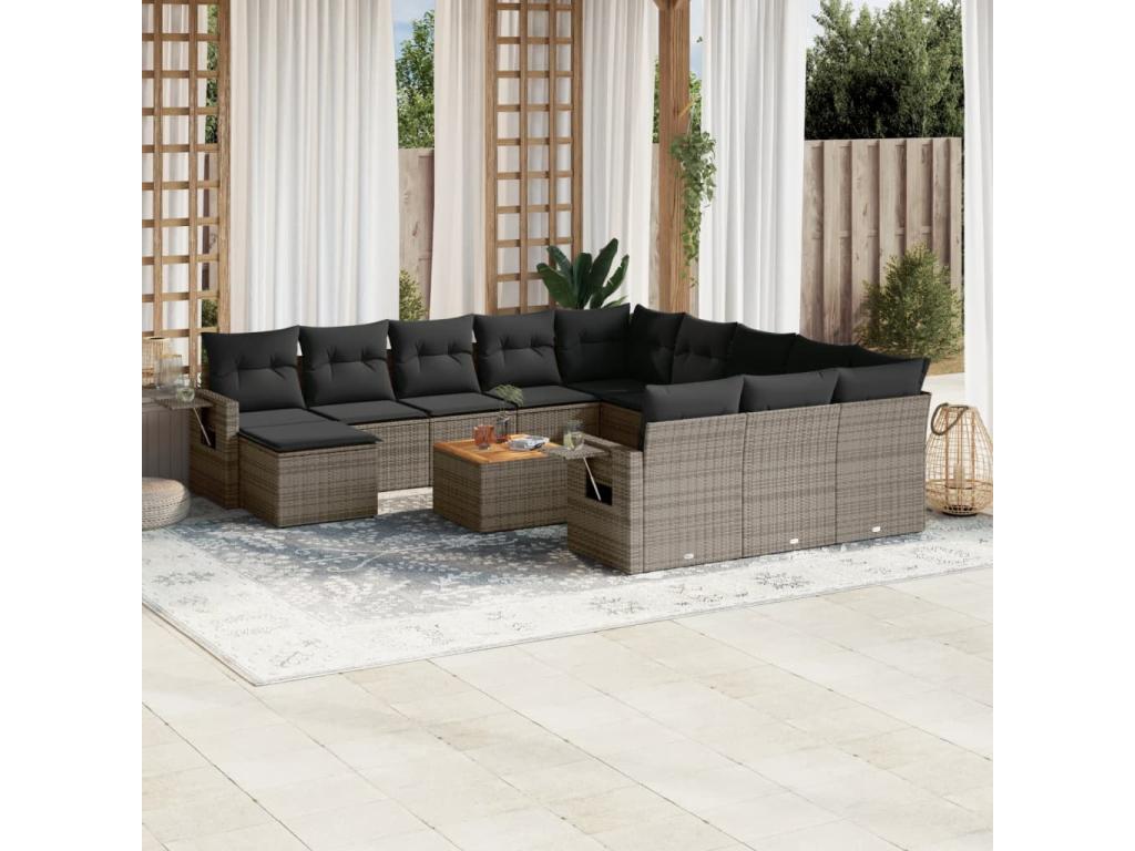 Garden furniture set with cushions, 13 pieces, grey woven resin