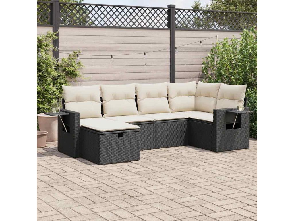 6-piece garden furniture set with cushions, black woven resin