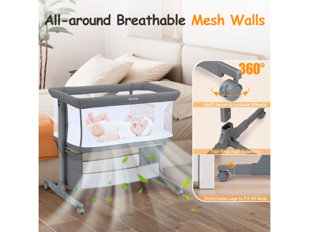 Co-sleeping crib with 7 adjustable heights, mattress and storage bag, foldable side panel, 360° swivel wheels with brake 79099DJYY