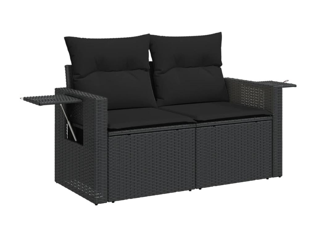 9-piece garden furniture set with cushions, black woven resin