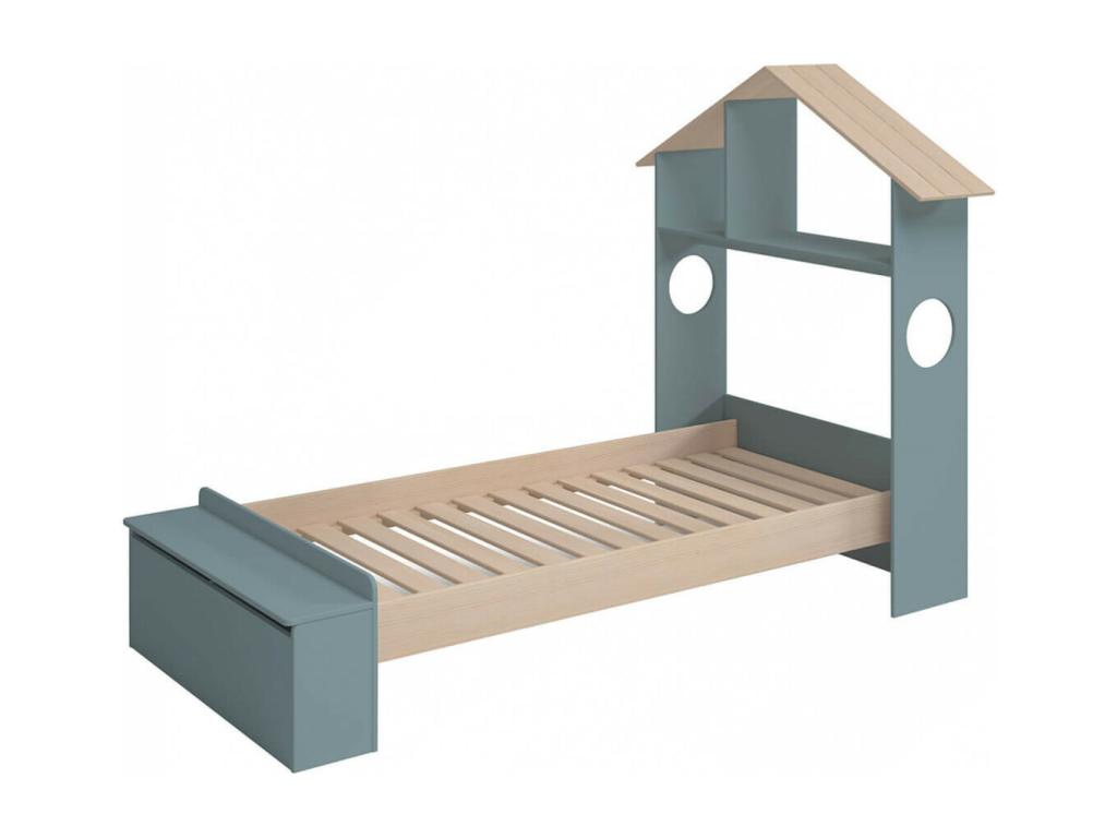 Delimoa - 90x190cm Bed with Cabin Headboard and Storage Bench, Grey, Green and Natural 56776GOJT