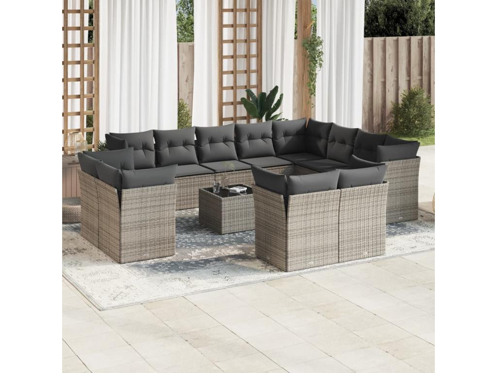 Garden furniture set with cushions, 13 pieces, grey woven resin