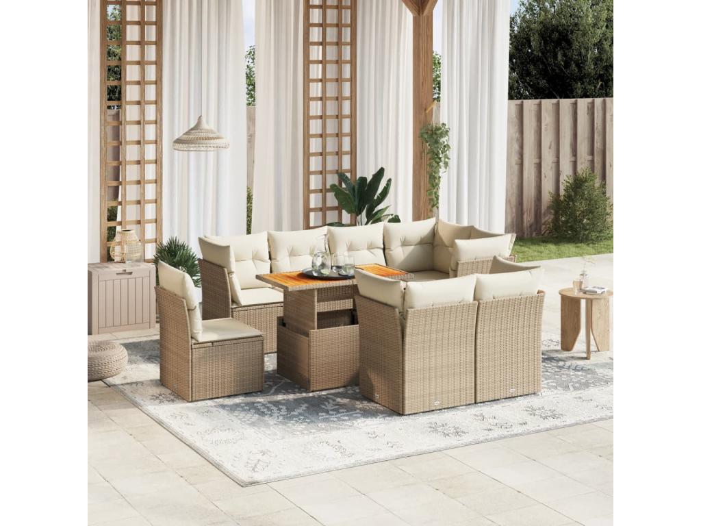 9-piece garden furniture set with cushions, beige woven resin