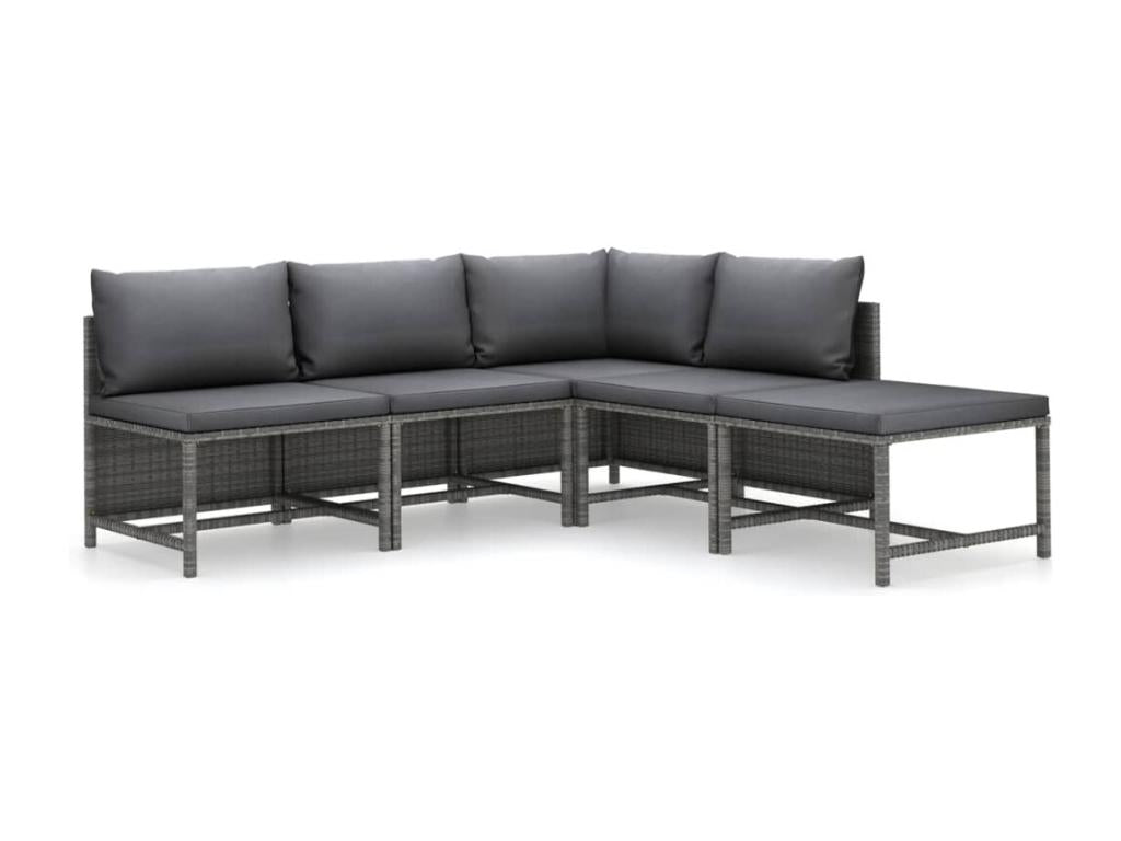 5-piece garden furniture set with cushions, grey woven resin