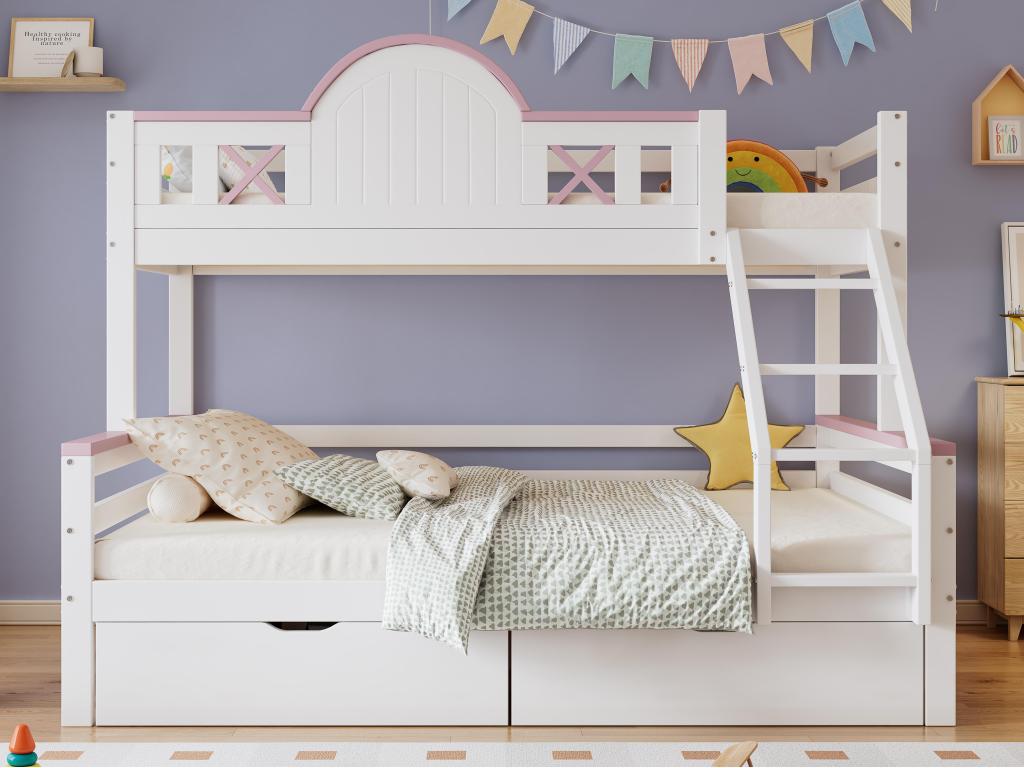 Wooden bunk bed 90x200cm 140x200cm - with ladder and 2 drawers - White / Pink