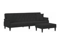 2-seater sofa bed with pillows and footstool in black velvet