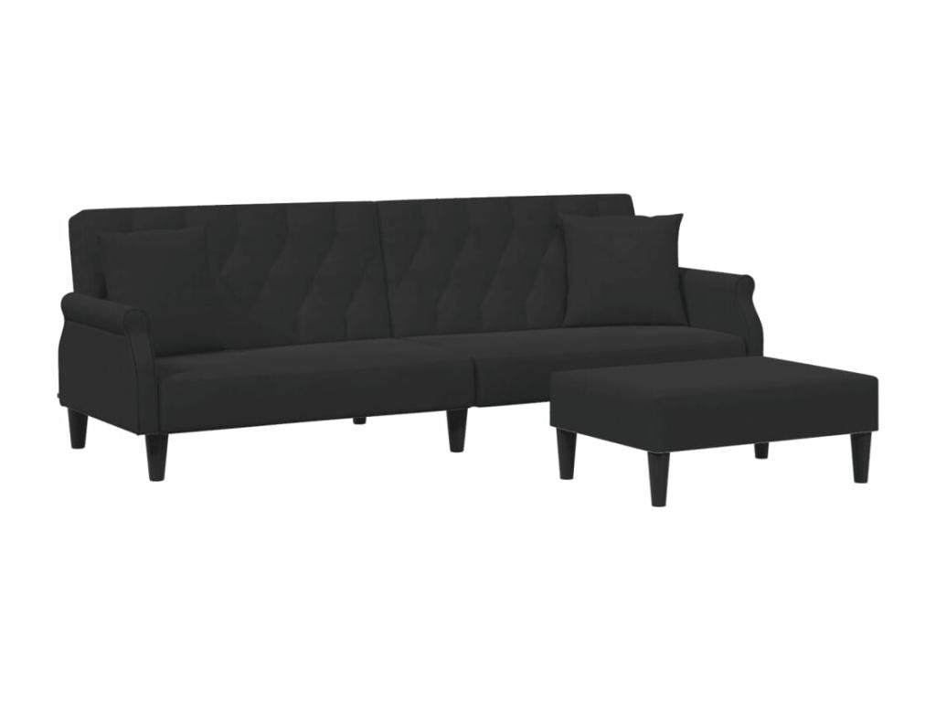 2-seater sofa bed with pillows and footstool in black velvet