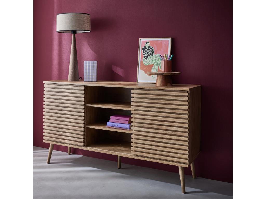 Homelumiere wood-effect sideboard with 2 grooved sliding doors and 4 shelves - low sideboard - W 140