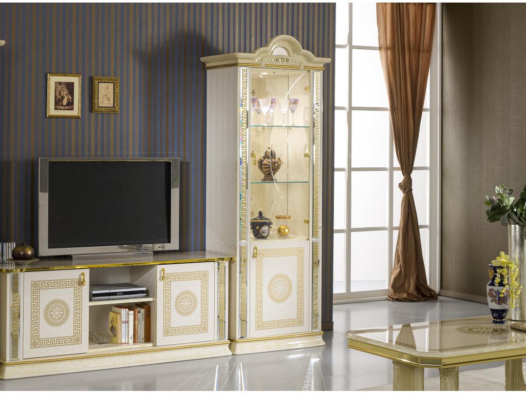 Homelumiere 78cm 2-door display cabinet in glossy beige and gold lacquered wood