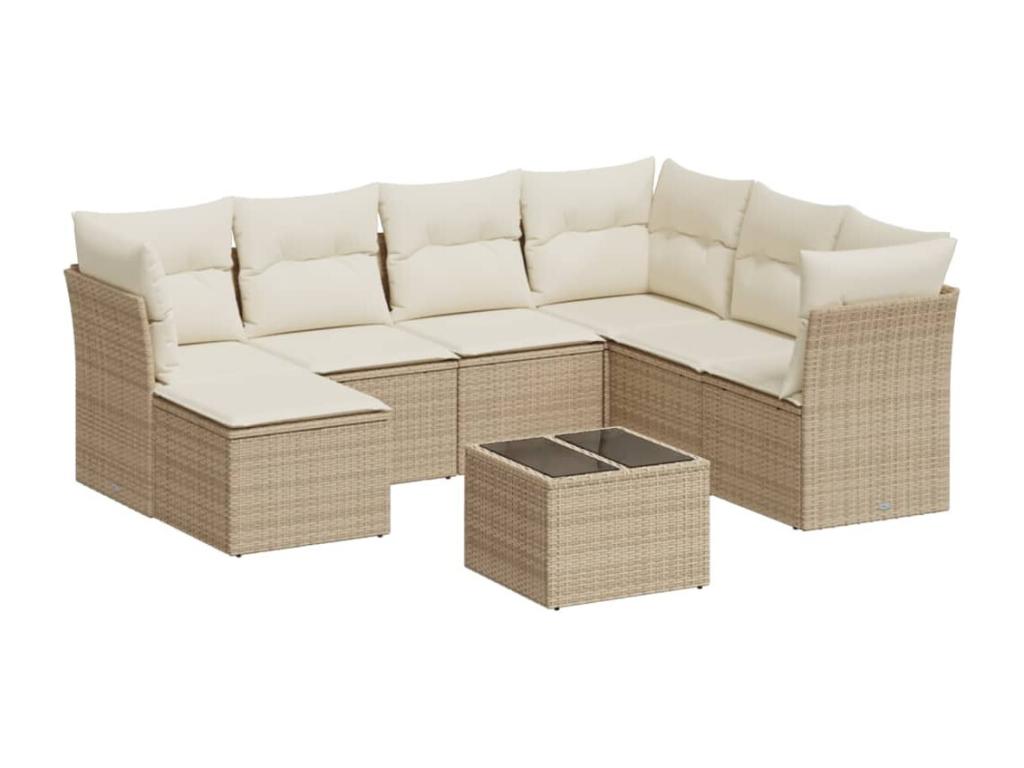 8-piece garden furniture set with cushions, beige woven resin