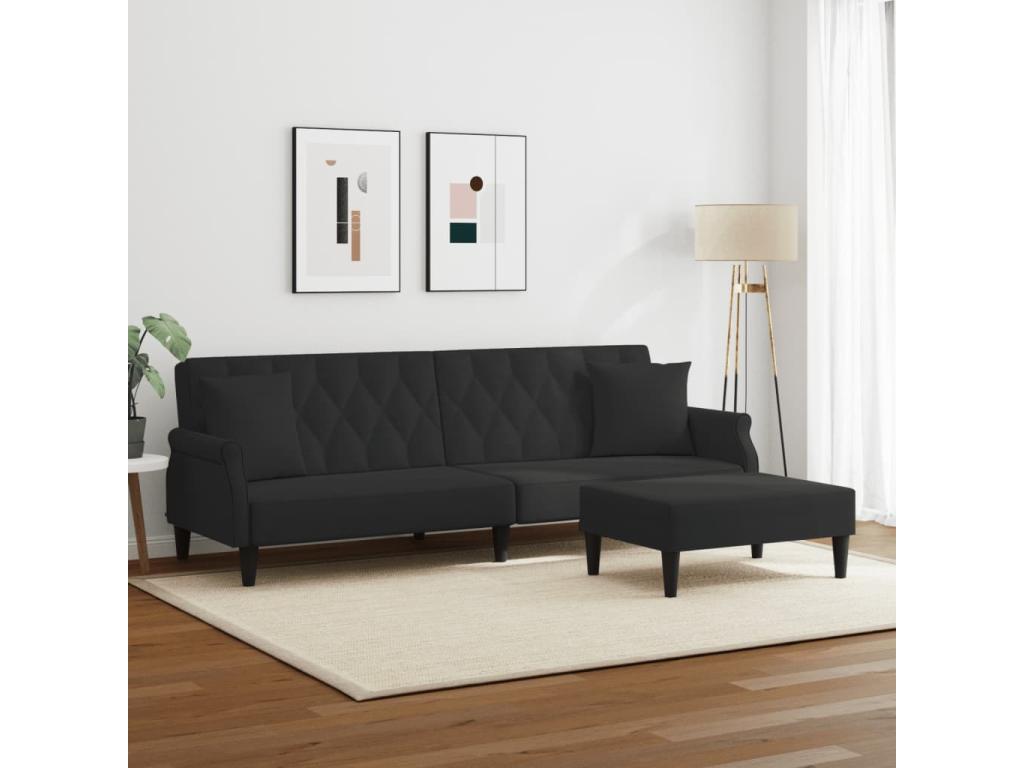 2-seater sofa bed with pillows and footstool in black velvet