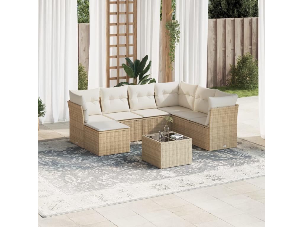 8-piece garden furniture set with cushions, beige woven resin