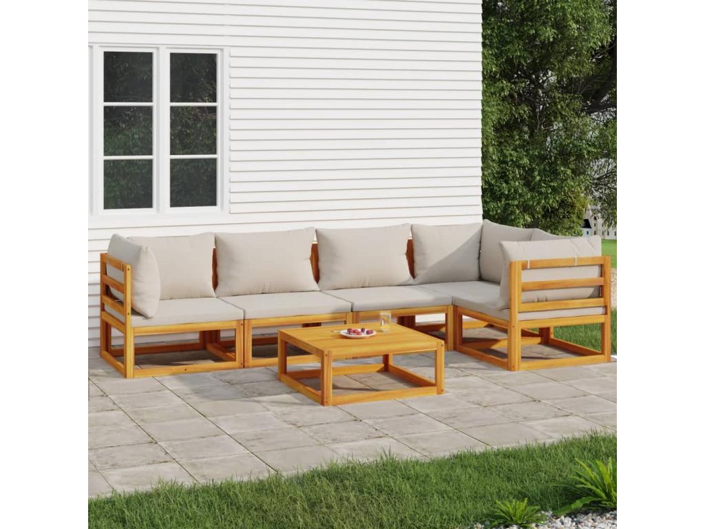 6-piece garden furniture set with light grey cushions, solid wood
