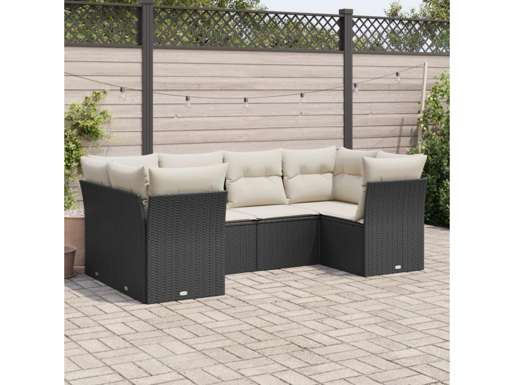 6-piece garden furniture set with cushions, black woven resin