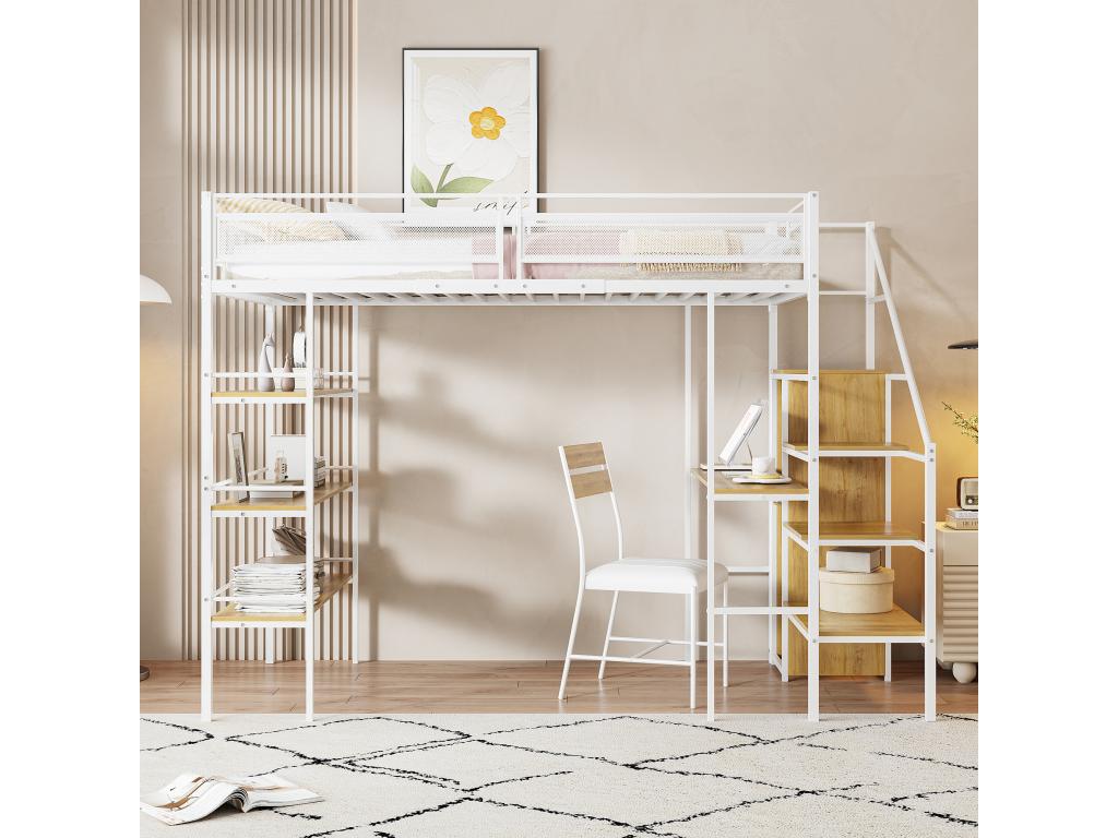 90x200cm Metal Loft Bed - with Desk/Storage Compartments - White