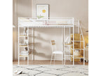90x200cm Metal Loft Bed - with Desk/Storage Compartments - White