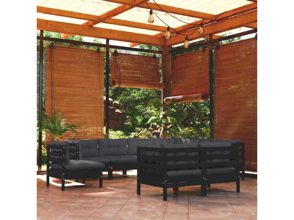 9-piece garden furniture set with cushions, black, solid pine wood