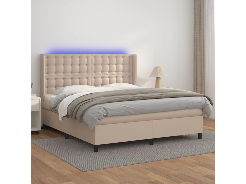Upholstered bed base with LED mattress, Cappuccino color, 160x200 cm, faux leather