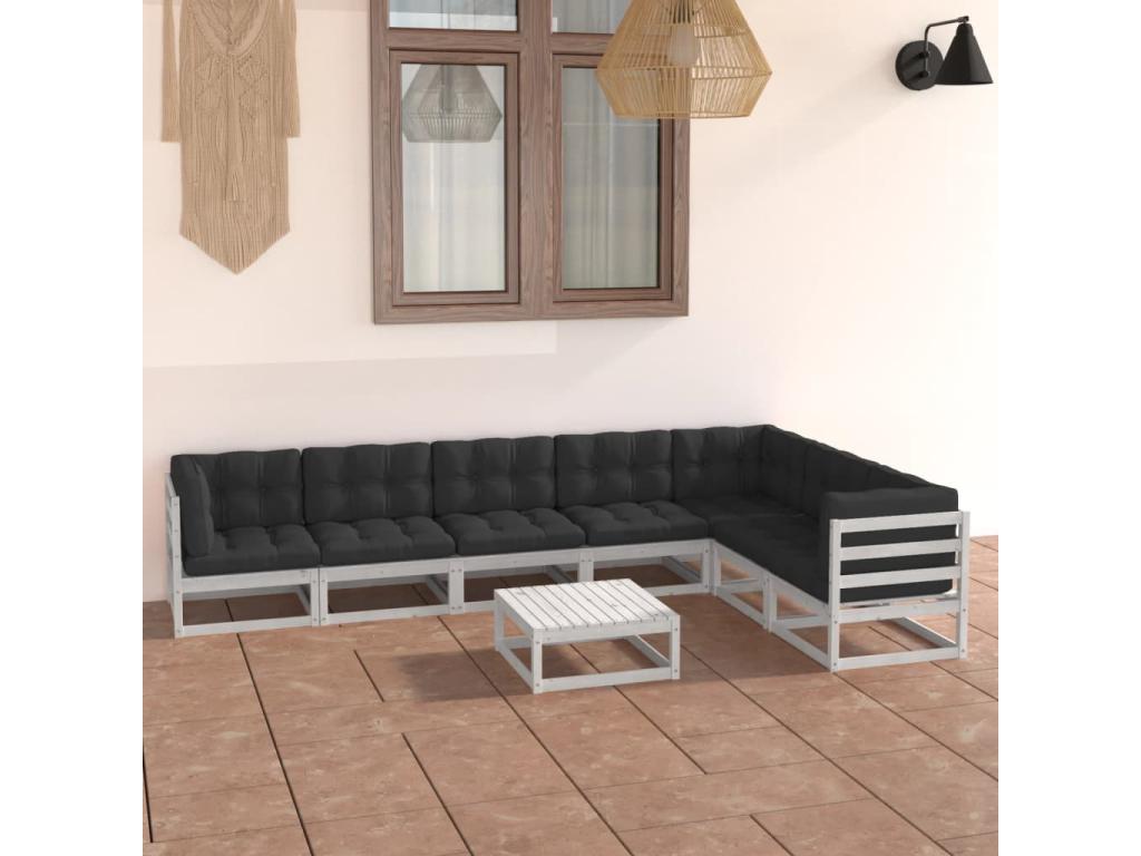 8-piece garden furniture set with cushions, white, solid pine wood