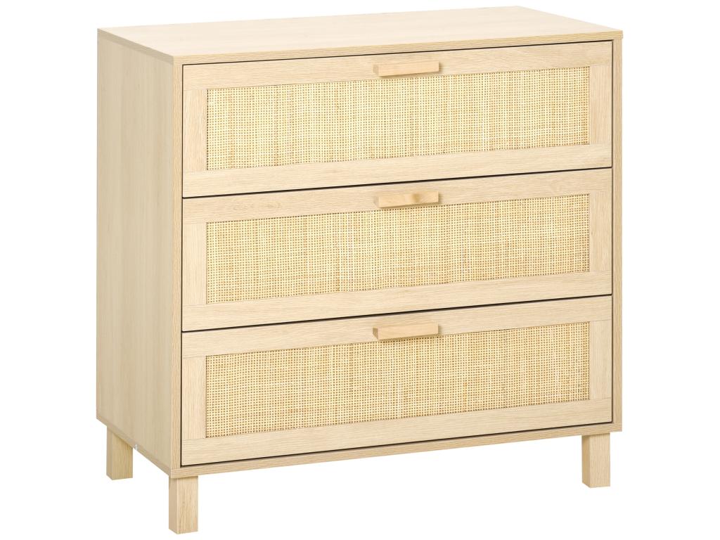 3-drawer chest with rattan caning, dimensions: 80L x 40W x 80H cm, light wood-effect MDF