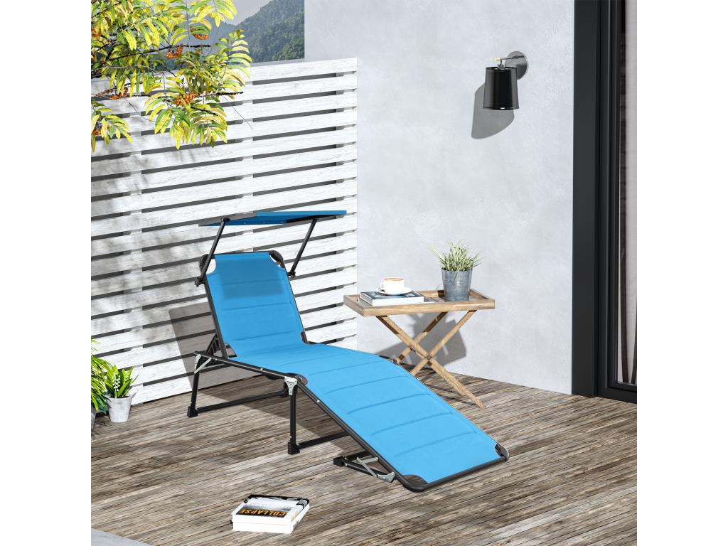 Folding sun lounger with high comfort, adjustable backrest and multi-position sunshade, aluminum and textilene, blue