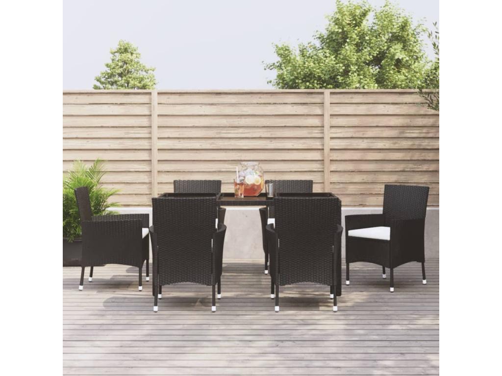 7-piece garden dining set with cushions, black woven resin