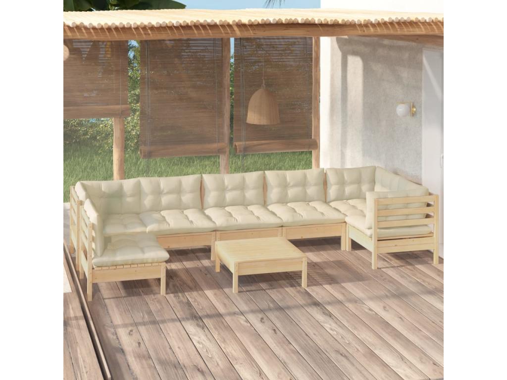 8-piece garden furniture set with cream cushions, pine wood