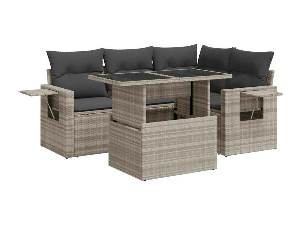 5-piece garden furniture set with light grey cushions, woven resin 47917NZZS
