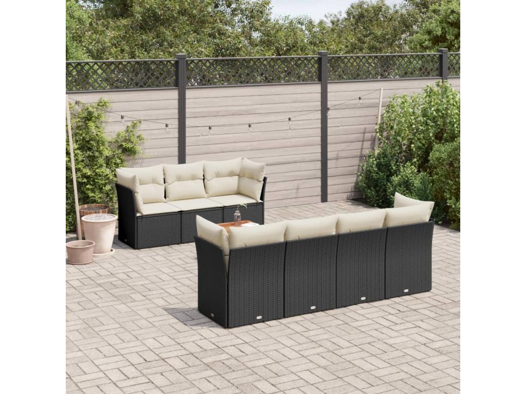 8-piece garden furniture set with cushions, black woven resin