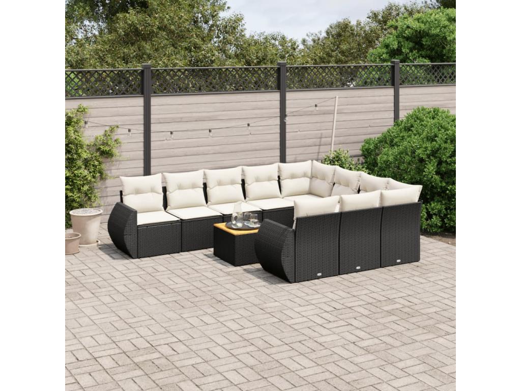 11-piece garden furniture set with cushions, black woven resin