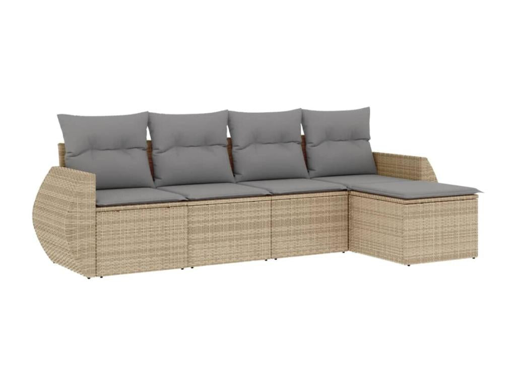 5-piece garden furniture set with cushions, beige woven resin