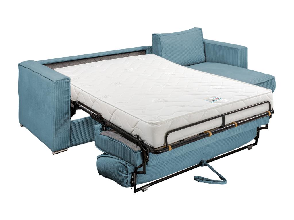 Quick and reversible corner sofa bed in turquoise blue corduroy - 160 cm sleeping area - 18 cm mattress - Homelumiere