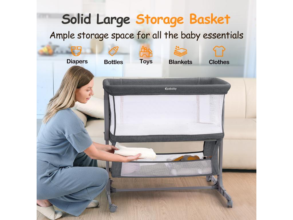 Co-sleeping crib with 7 adjustable heights, mattress and storage bag, foldable side panel, 360° swivel wheels with brake 79099DJYY