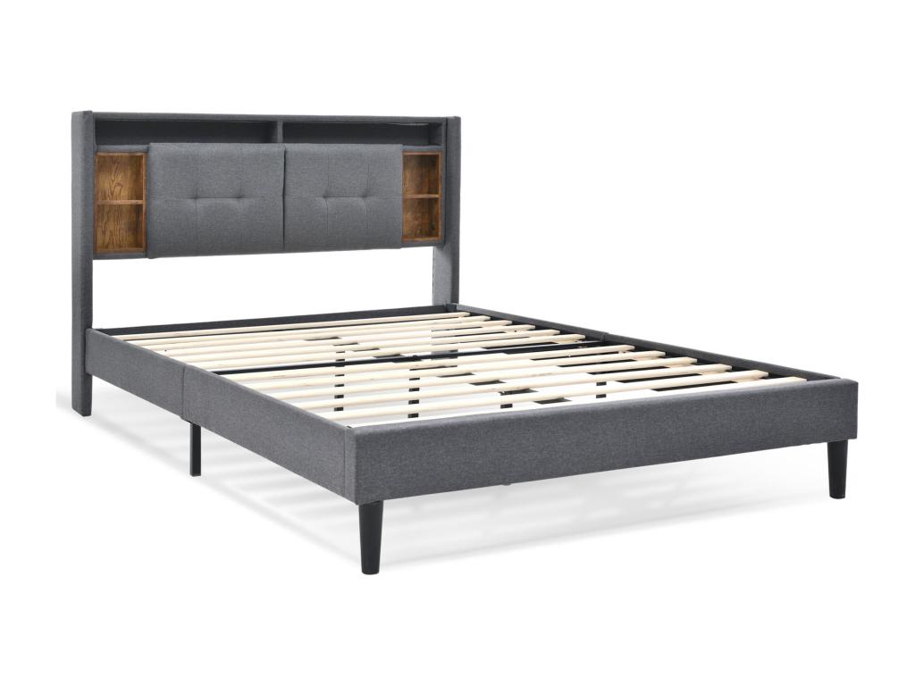 Upholstered bed 140x200 cm with headboard - USB and LEDs - Linen fabric - grey Mattress 56871ROTI