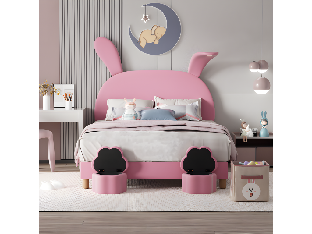 Children's velvet bed - 140x200 cm - fold-down bunny ears with LED lights - 2 storage stools - Pink